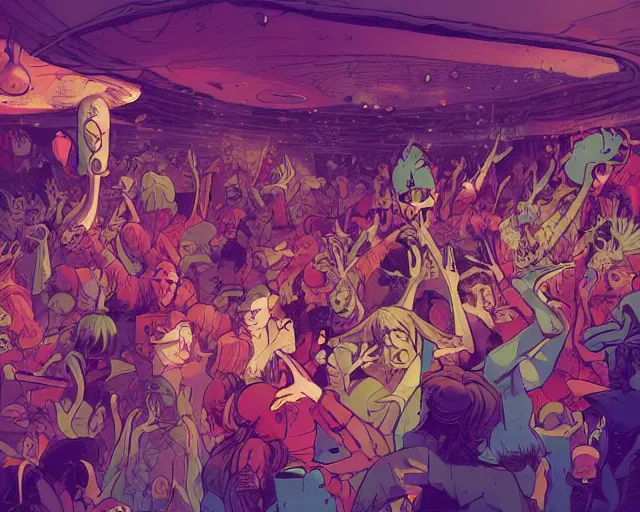 Image similar to a study of cell shaded cartoon of fairies raving in a nightclub, illustration, wide shot, subtle colors, post grunge, concept art by josan gonzales and wlop, by james jean, Victo ngai, David Rubín, Mike Mignola, Laurie Greasley, highly detailed, sharp focus, alien, Trending on Artstation, HQ, deviantart, art by artgem