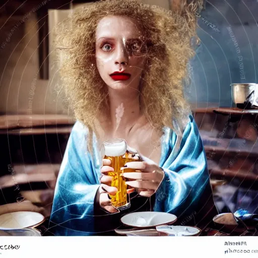 Image similar to a woman sitting at a table covered in empty beer mugs, a beautiful english woman with a long face narrow nose pale skin blue eyes red lips and wild messy tangles of curly white blonde hair, high resolution film still wearing a black robe drinking at a table, sandy, a journey to the west