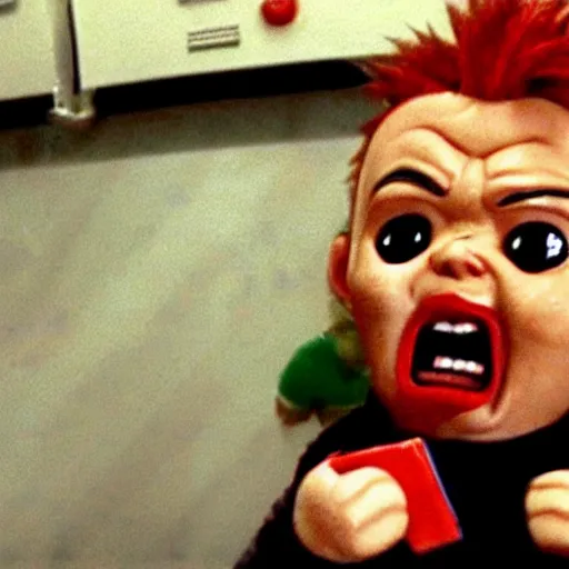 Image similar to security camera footage of chucky doll screaming at customers eating pizza