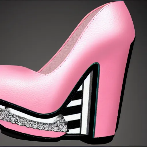 Image similar to pink leather 1 5 cm high heel shoes with 7 cm high platform with ankle stripe, photorealistic, beautiful, architecture, product design, clean, highly detailed, 8 k, ornate detail