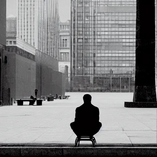 Image similar to lonely man sitting in a cubical in the middle of an empty city square in a dystopian future, depair, dystopian, by rutkowsky and tadao and zhang