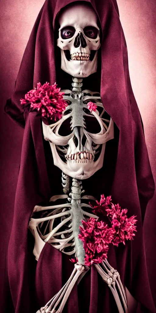 Image similar to cinematic shot epic portrait skeleton wearing a dark robe holding flowers crying, hyper realistic, mood lighting, fantasy, detailed face, highly detailed, super realistic, perfect lighting