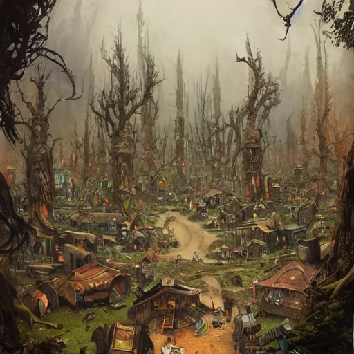 Image similar to an epic hyperdetailed 3 d matte painting of a wiccan shantytown in the victorian village surrounded by colossal biomorphic hallucinogenic demonic eldritch beings by peter mohrbacher by gerald brom by yoji shinkawa by richard michael gorman powers