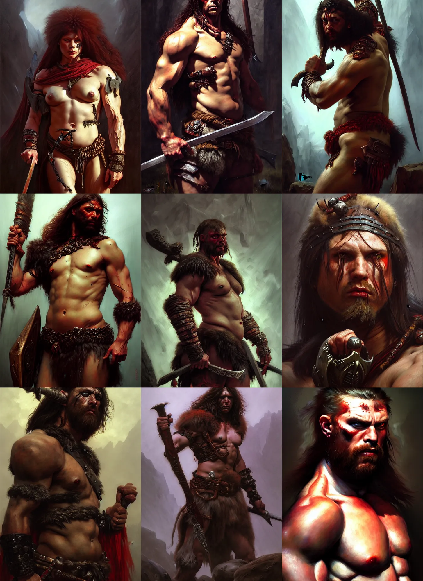 Image similar to barbarian, savage, full body, hyper realistic, extremely detailed, dnd character art portrait, dark fantasy art, intricate fantasy painting, dramatic lighting, vivid colors, deviant art, artstation, by edgar maxence and caravaggio and michael whelan and delacroix.