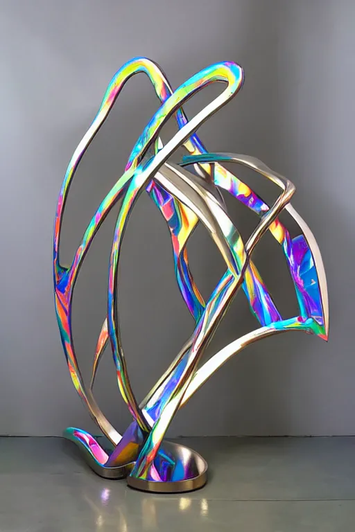 Prompt: metal sculpture geometric twisting forms and iridescent glass elements with sunlight rainbow reflections style of ivan black, jack storms _ yunchul kim _ anthony howe