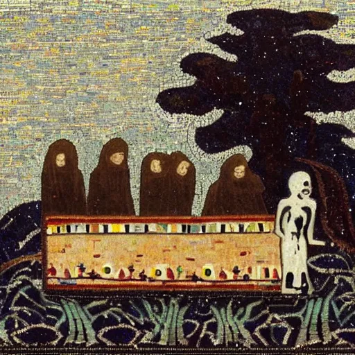 Image similar to A beautiful photograph of a coffin being carried by six men through an ethereal, otherworldly landscape. The coffin is adorned with a relief of a skull and crossbones, and the men are all wearing hooded cloaks. The landscape is eerie and foreboding, with jagged rocks and eerie, glowing plants. in Ancient Egypt, roman mosaic by Francesca Woodman, by Malcolm Liepke, by Mark Lague elaborate