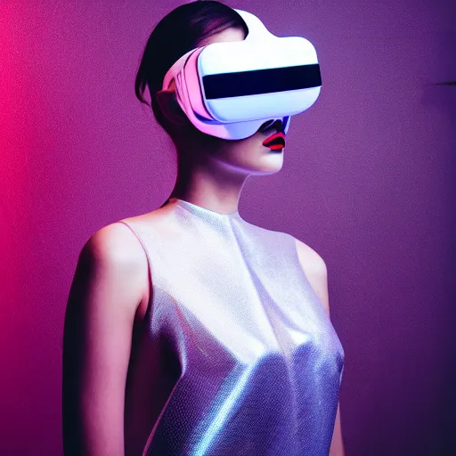 Image similar to high fashion photography of a model in neo futurism white sci - fi makup, wearing vr goggles, transparent cloth, beautifully lit