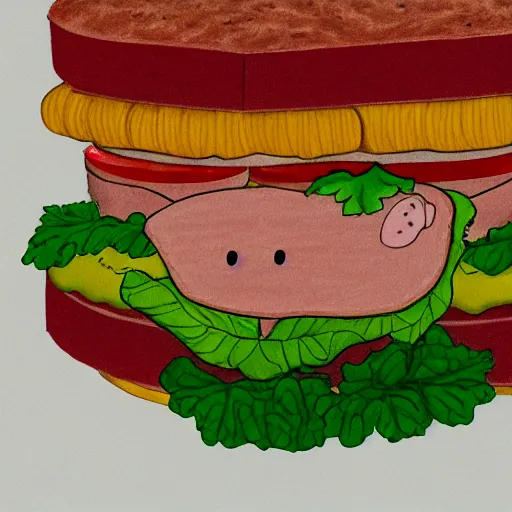 Image similar to line drawing of a pig in between two buns as a sandwich, outside art