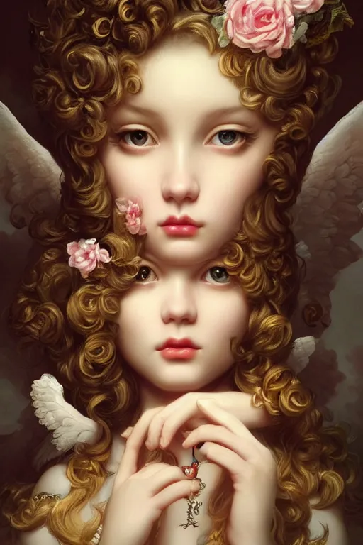 Image similar to pop surrealism, rococo, baroque hair, angelic young female seductive - fine - face, pretty face, key visual, realistic shaded perfect face, fine details by stanley artgerm lau, wlop, mark ryden, andrei riabovitchev, marc simonetti, and sakimichan, trending on artstation