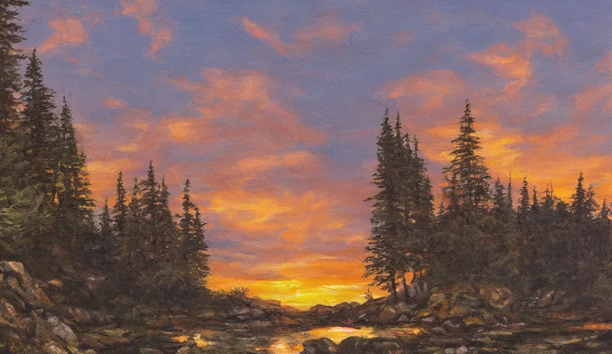 Prompt: a painting of a sunset with a forest, a crystalline stream with rocks and a wood cabin