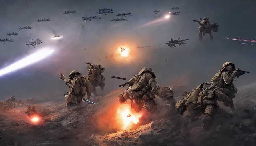 Prompt: World War 2 soldiers fleeying from battlefield while alien spaceships shoot at them with lasers, hyperdetailed, artstation, cgsociety, 8k