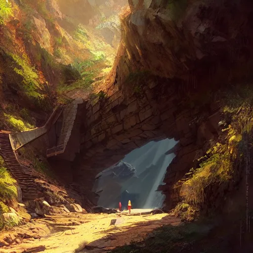 Prompt: mine entrance in a ravine in avila, granite rocks, 4 k, concept art, by wlop, ilya kuvshinov, artgerm, krenz cushart, greg rutkowski, pixiv. cinematic dramatic atmosphere, sharp focus, volumetric lighting, cinematic lighting, studio quality