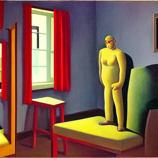 Image similar to in soviet russia, tv watches you!, grant wood, pj crook, edward hopper, oil on canvas
