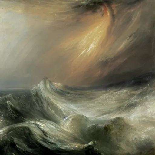 Prompt: giant octopus with tentacles wildly thrashing around in a stormy ocean, by jmw turner