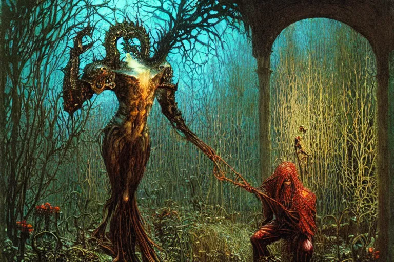 Image similar to knight in enchanted lovecraftian garden by jean delville, luis royo, beksinski, grimshaw