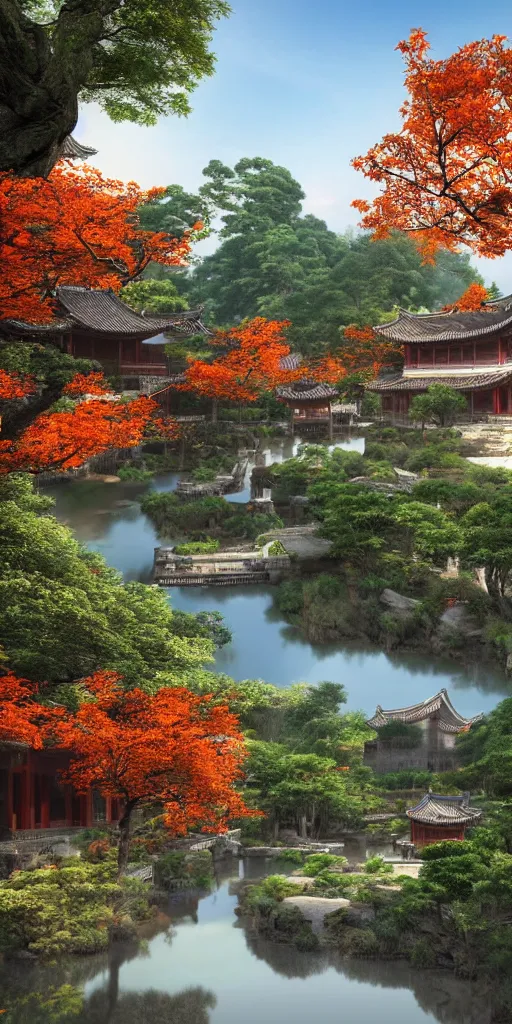 Prompt: A ultra-realistic CG rendering of Ancient China,There is a stream, jiangnan ancient buildings on besides of the stream,in the evening,Orange leaf maple tree, a moon in the sky, 8k,