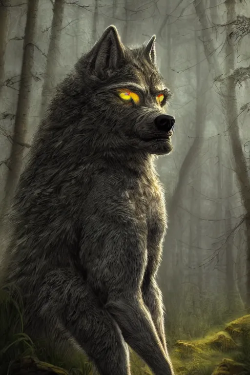 Image similar to ultra realist and ultra intricate detailed soft painting of a werewolf, from the waist up, symmetry features, glowing yellow eyes, sensual gloomy style, volumetric clouds, forest background, artstation, unreal render, depth of field