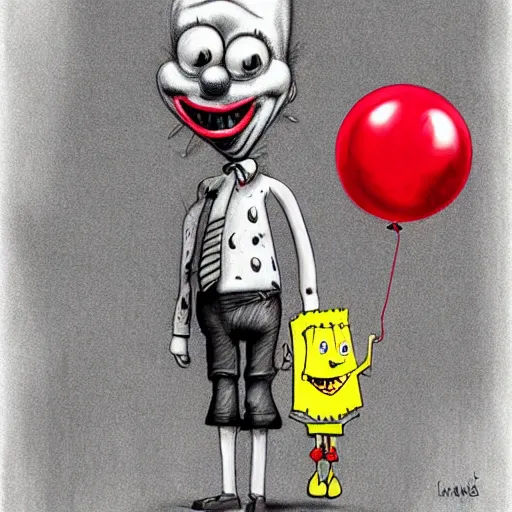 Prompt: surrealism grunge cartoon portrait sketch of spongebob with a wide smile and a red balloon by - michael karcz, loony toons style, pennywise style, horror theme, detailed, elegant, intricate