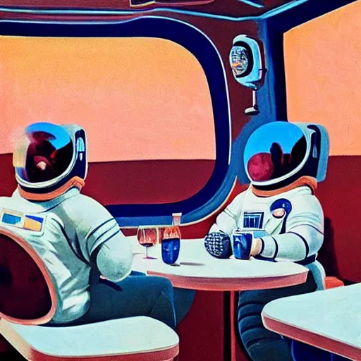 Image similar to two astronauts chatting in the corner booth of a greasy diner on the moon, midcentury American painting, stunning light, incredible detail