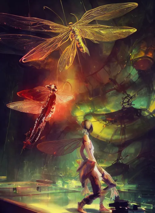 Image similar to surreal gouache painting, by yoshitaka amano, by ruan jia, by Conrad roset, by good smile company, detailed anime 3d render of a Giant glowing dragonfly sitting on a DJ mixer, portrait, cgsociety, artstation, rococo mechanical and electronic, dieselpunk atmosphere