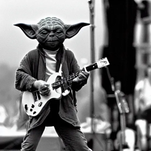 Prompt: yoda perfoming at woodstock