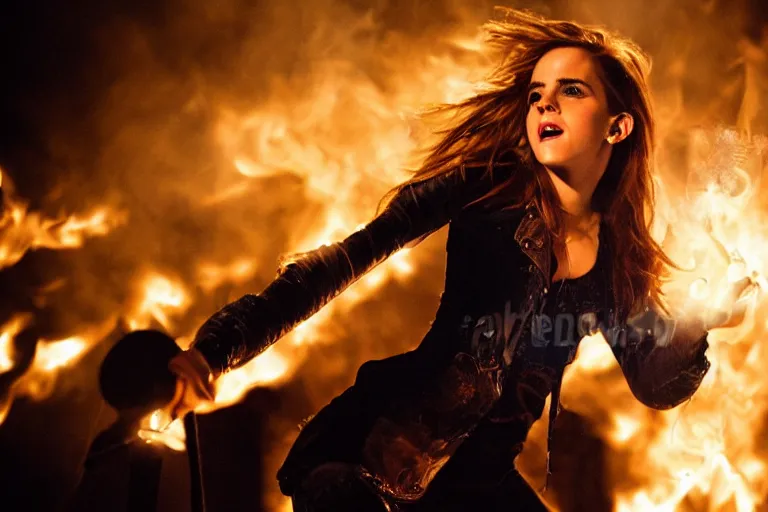 Image similar to emma watson as a heavy metal singer, stage lights, smoke, flames, medium shot