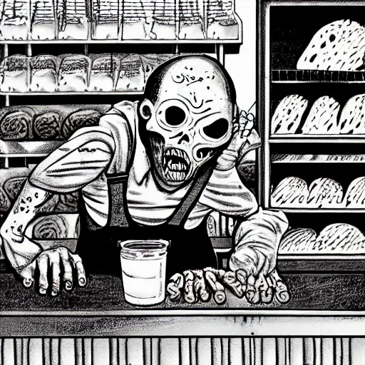 Prompt: zombie working in a bakery by robert kirkman