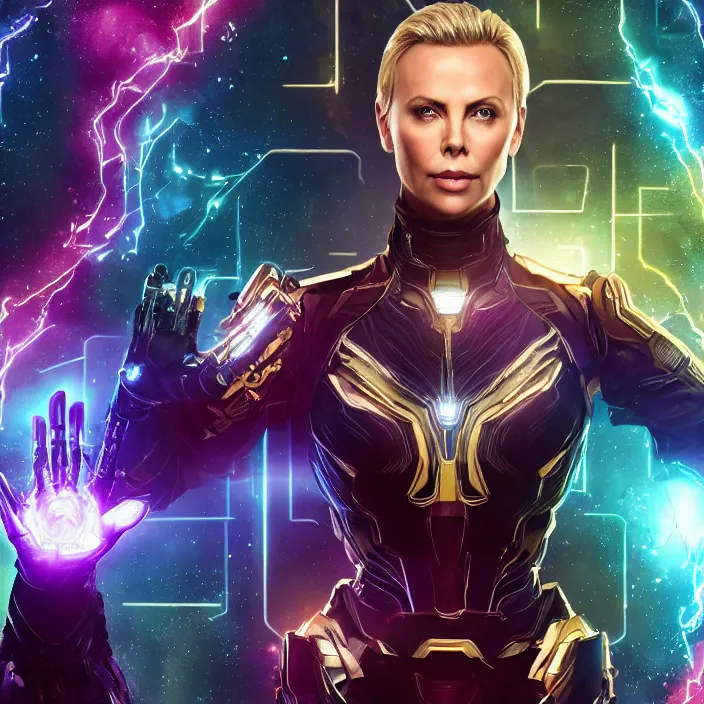 Prompt: portrait of ((Charlize Theron)), wearing The Infinity GAUNTLET. infinity gauntlet. intricate artwork. octane render, trending on artstation, very coherent symmetrical artwork. avengers. thanos. cinematic, hyper realism, high detail, octane render, 8k, iridescent accents