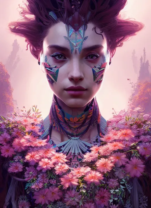 Image similar to symmetry!! portrait of floral! horizon zero dawn machine, intricate, elegant, highly detailed, digital painting, artstation, concept art, smooth, sharp focus, illustration, art by artgerm and greg rutkowski and alphonse mucha, 8 k