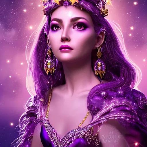 Image similar to portrait princess of amethyst, glowing, ornate and intricate purple jewelry, jaw dropping beauty, glowing background lighting, purple accent lighting, hyper detailed, fairy tale, 4 k octane render