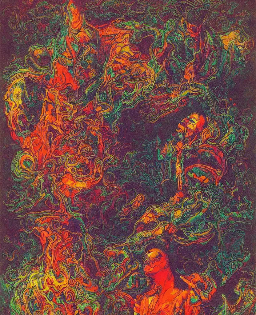 Prompt: a psychedelic ink painting of the devil smoking coleslaw, rainbow melting color scheme, beksinski, greg hildebrandt, 8 k highly detailed ❤🔥 🔥 💀 🤖 🚀