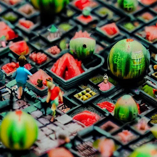 Prompt: macro photo of a miniature secret hidden world with tiny buildings and people inside of a hollowed out watermelon