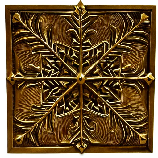 Image similar to ornate engraved carving of a snowflake on a gold panel