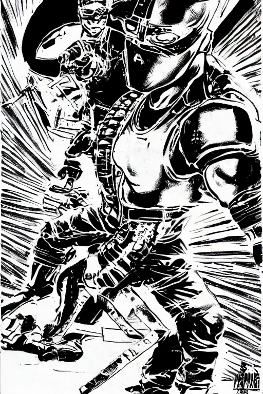 Prompt: cyborg ninja doing kung fu, a page from cyberpunk 2 0 2 0, style of paolo parente, style of mike jackson, adam smasher, johnny silverhand, 1 9 9 0 s comic book style, white background, ink drawing, black and white