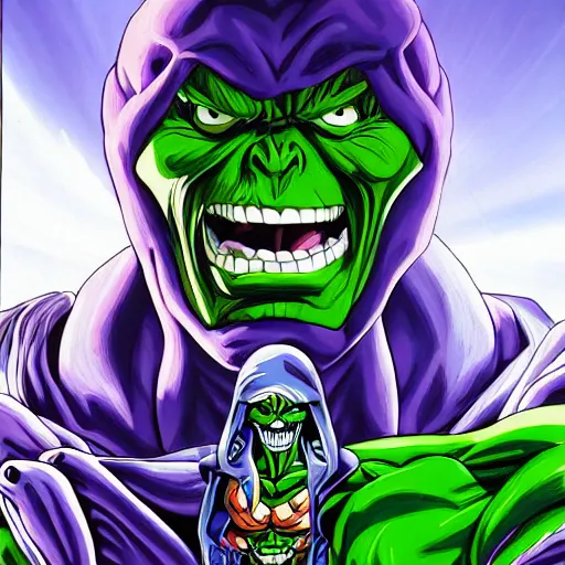 Image similar to portrait painting of skeletor as hulk, art by akira toriyama, 4 k, dragon ball artstyle, cel shaded, highly detailed, epic lighting