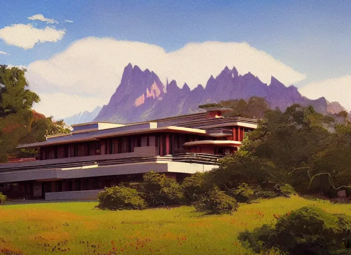 Image similar to painting of a frank lloyd wright house in front of beautiful mountains by greg rutkowski