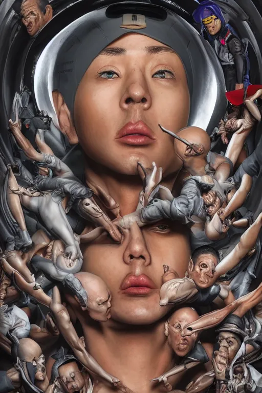 Image similar to place full of tunnel rats - pop art, hyperrealistic, detailed by artgerm and richard hamilton and mimmo rottela and bob rafei and kazuma kaneko and bengus and yoshitaka amano, face features, human anatomy features, sharp focus, realistic detail human composition, anatomy models details, multicultural race