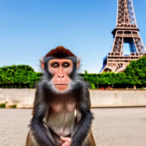 Image similar to high quality portrait of a monkey in front of eiffel tower, studio photograph, photograph, realistic photo, 8k photo, 4k photo, stock photo, high resolution, cinematic shot, high detail