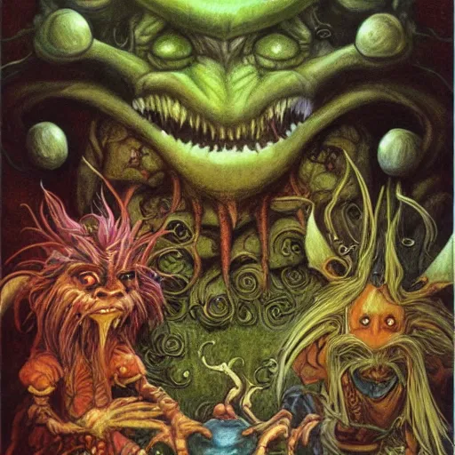 Image similar to fantasy illustrations and concept art for jim henson's labyrinth goblins by brian froud