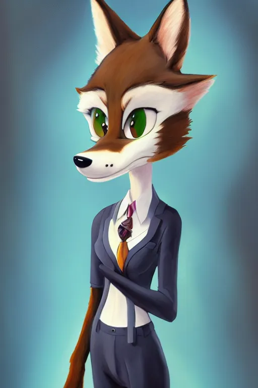 Image similar to oil painting of anthromorphic female wolf, in style of zootopia, female fursona, furry, furaffinity, 4 k, deviantart, furry art, fursona art, wearing black business suit, business suit, wolf fursona, female, smug expression,