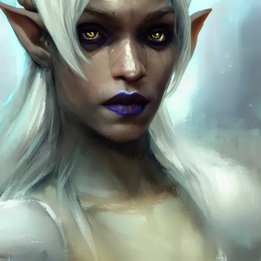 Image similar to closeup portrait of a drow elf, dungeons and dragons character, castle background, gorgeous view, realistic, high detail, digital art, painted by greg rutkowski, painted by jeremy mann, trending on artstation