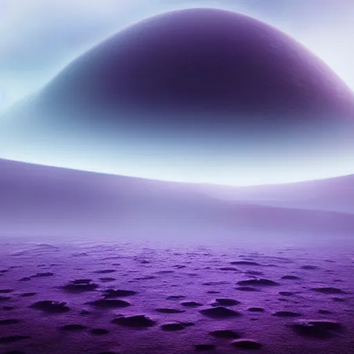 Image similar to empty planet with enormous deserts, covered with purple fog, concept art, DeviantArt, art station, illustration, highly detailed, artwork,cinematic,hyper realistic