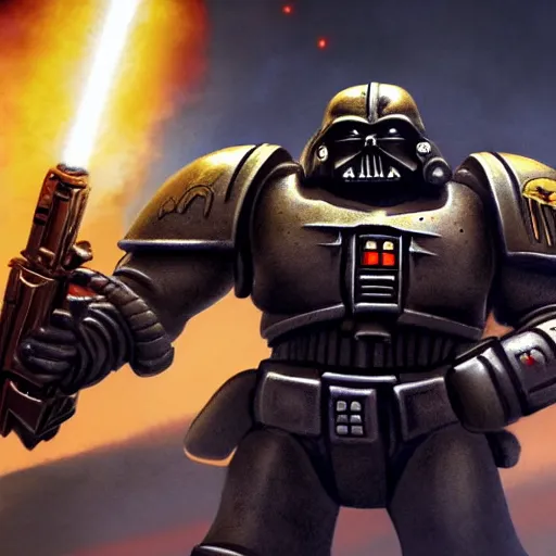 Image similar to space marine from warhammer 40000 in the style of the meaning of life, realism, against the background of the battlefield, depth of field, focus on darth vader,