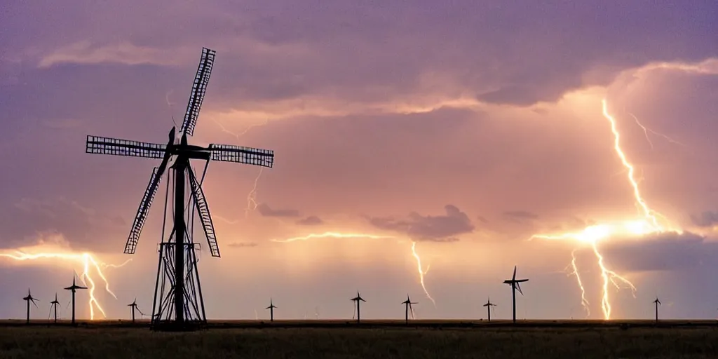 Image similar to photo of a stormy west texas sunset, perfect american windmill, film photo, lightning, golden hour, high quality, beautiful!!!