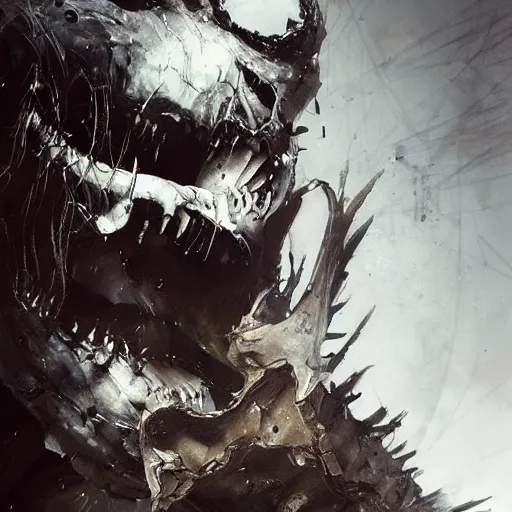 Image similar to toothy monster on a battlefield of destruction by Tsutomu Nihei, by Emil Melmoth, by stuz0r, Craig Mullins, yoji shinkawa, cross, artstation, peter morbacher, young, very attractive, pretty face, hyper detailed, very detailed, rendering by octane, shallow depth of field, uplight