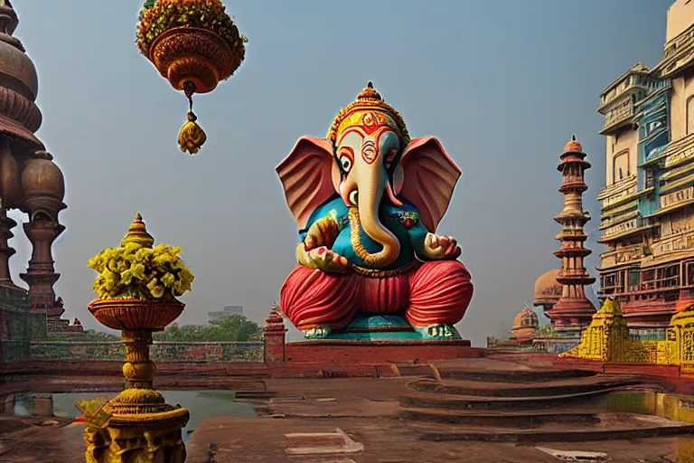 Image similar to beautiful dreamy! biomorphic new delhi, ganesha!! building, kalighat flowers, octane highly detailed cinematic, stephen shore & john j. park, soft morning light, wide shot, aerial shot, uhd 8 k, shallow depth of field