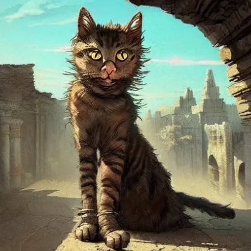 Prompt: cat - canibal walking on ancient city, very detailed fine art, top of pinterest, trend of artistation, style of ( ( ( ( ( greg rutkowski ) ) ) ) )