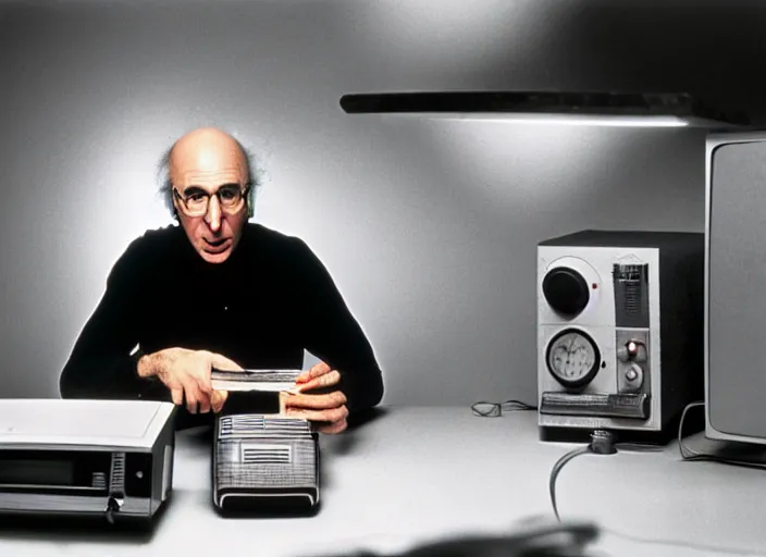 Prompt: a scene from 1 9 8 2 the thing larry david eating a sandwich, vhs distortion, cathode ray tube distortion, folk horror, hauntology, 8 k, 8 5 mm f 1. 8, studio lighting, rim light, right side key light