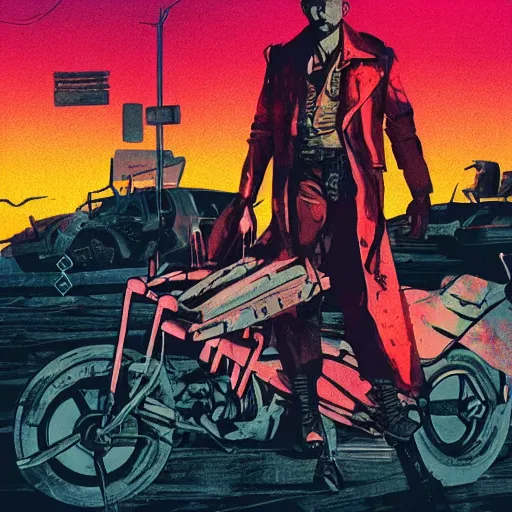 Image similar to a colorful comic noir illustration of billy zane in a mad max scene in a post - apocalyptic city decaying in the desert by queens of the stone age, by sachin teng, dark vibes, pastel lighting, cinematic, depth of field, 8 k, high contrast