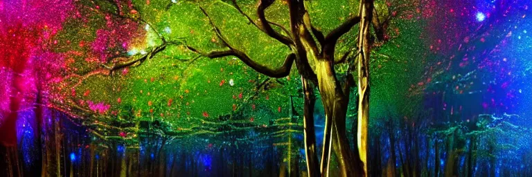 Prompt: beautiful trees, multicolor stars and galaxies, psychedelic, trending on artstation, hd photography